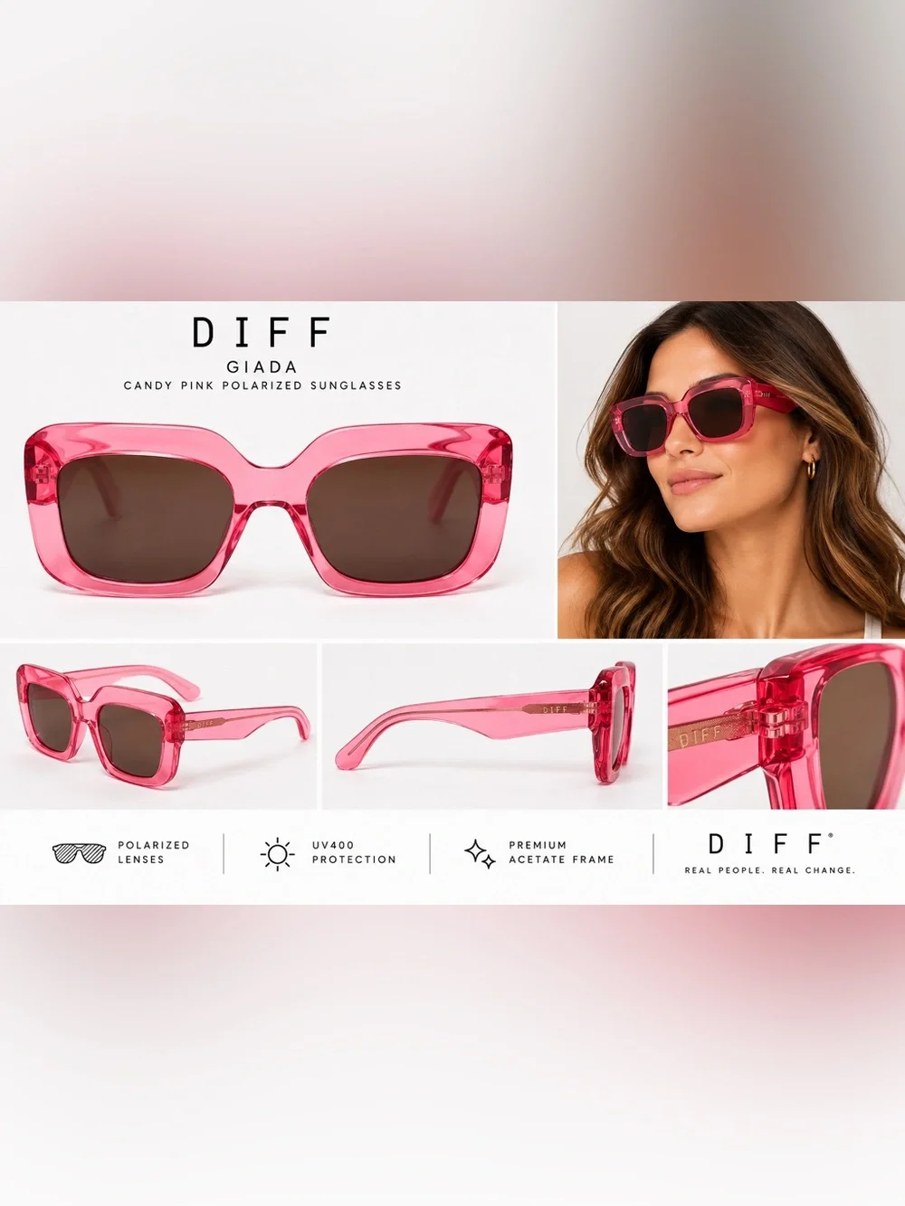 DIFF Giada Candy Pink Polarized Oversized Square Sunglasses